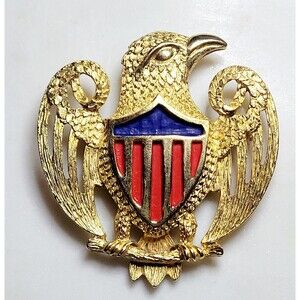 American Eagle Brooch Gold Tone Red Blue Enamel Crest Vtg